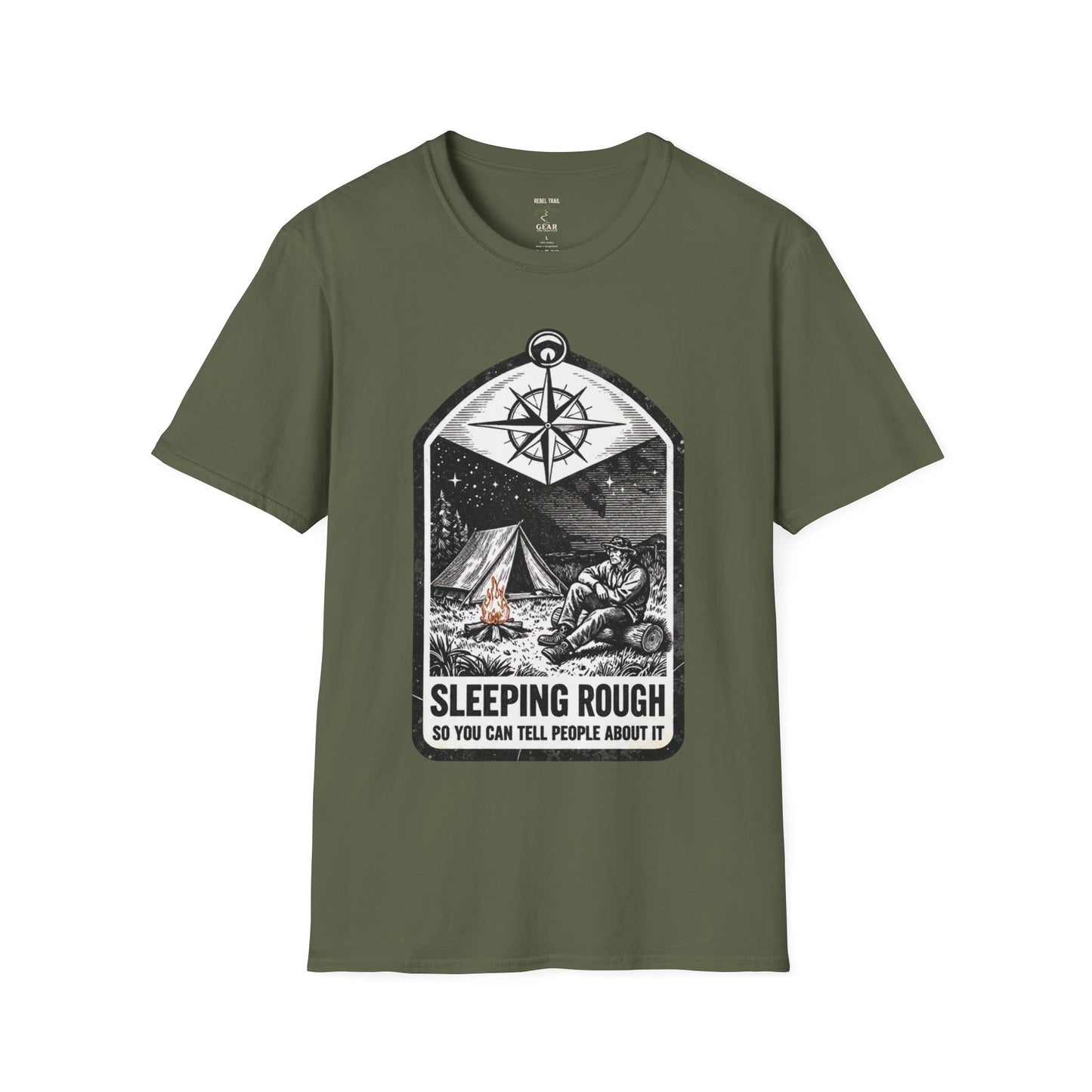 Camping T-Shirt — 'Sleeping Rough' Night Sky Tent Graphic