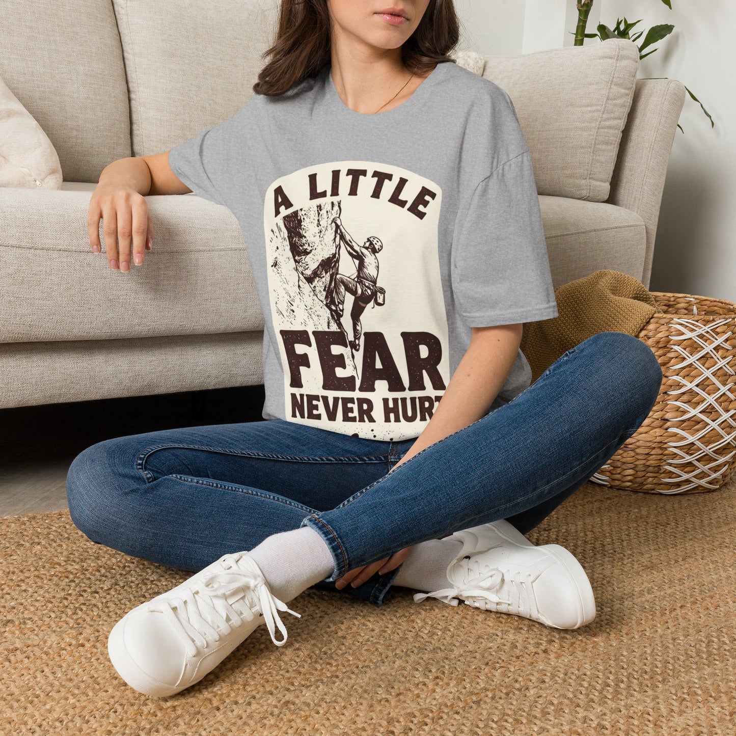 Climbing T-Shirt — "A Little Fear Never Hurt" Vintage Rock Climber Tee