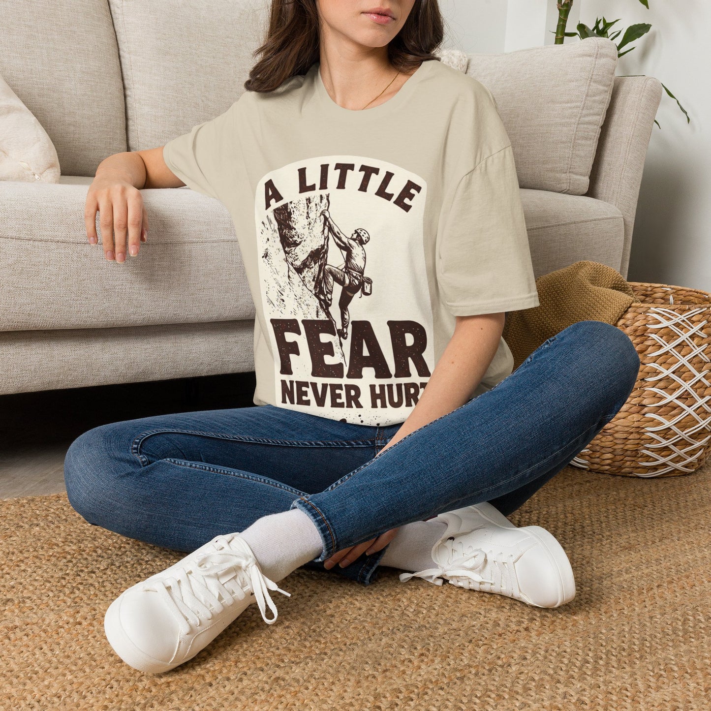 Climbing T-Shirt — "A Little Fear Never Hurt" Vintage Rock Climber Tee