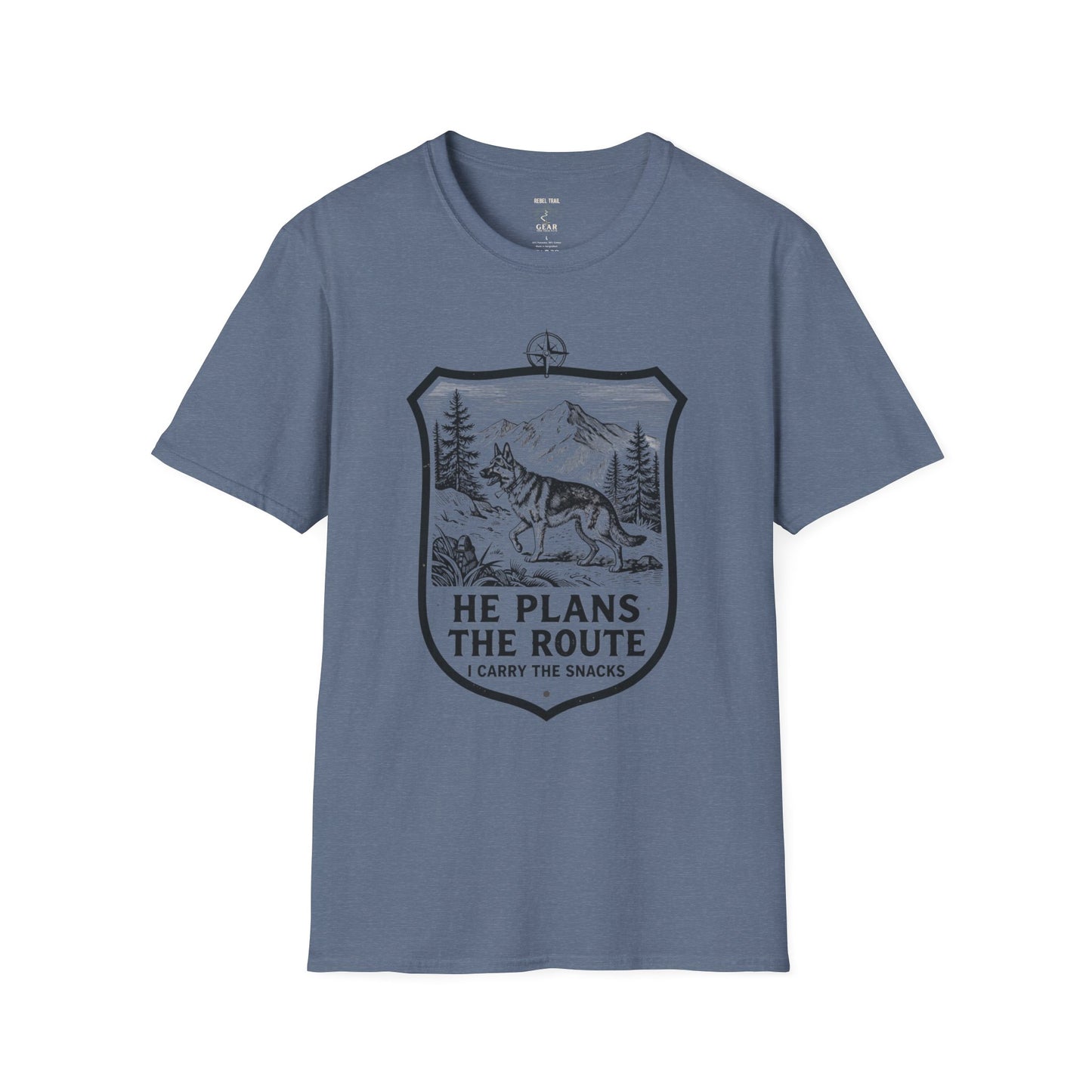 Dog Hiking T-Shirt — "He Plans the Route" Outdoor Adventure Tee