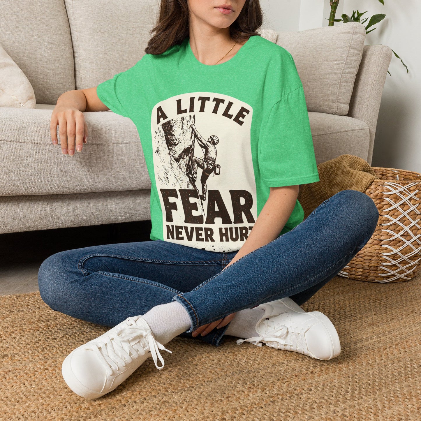 Climbing T-Shirt — "A Little Fear Never Hurt" Vintage Rock Climber Tee