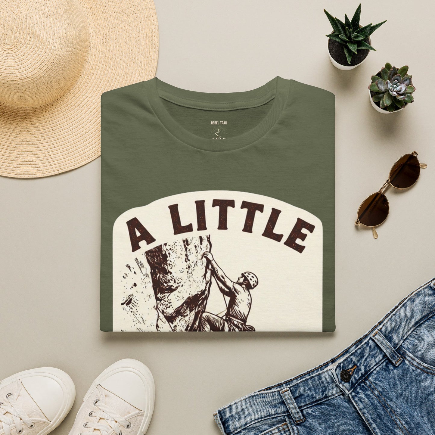 Climbing T-Shirt — "A Little Fear Never Hurt" Vintage Rock Climber Tee