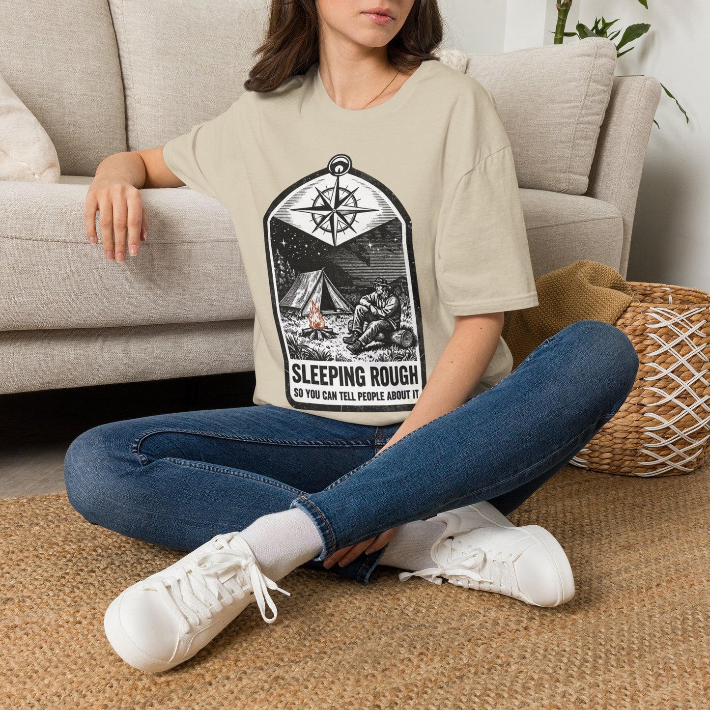 Camping T-Shirt — 'Sleeping Rough' Night Sky Tent Graphic