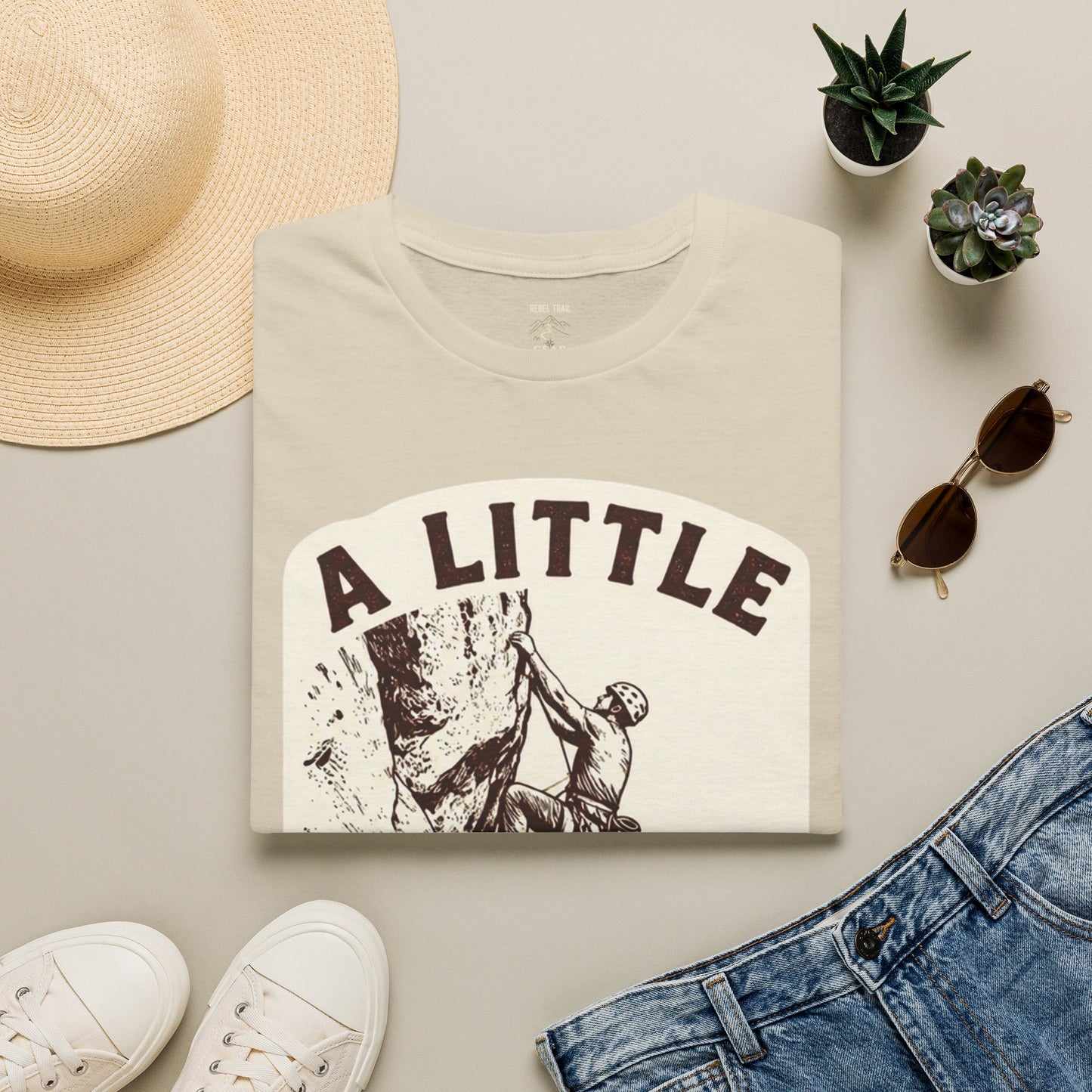 Climbing T-Shirt — "A Little Fear Never Hurt" Vintage Rock Climber Tee