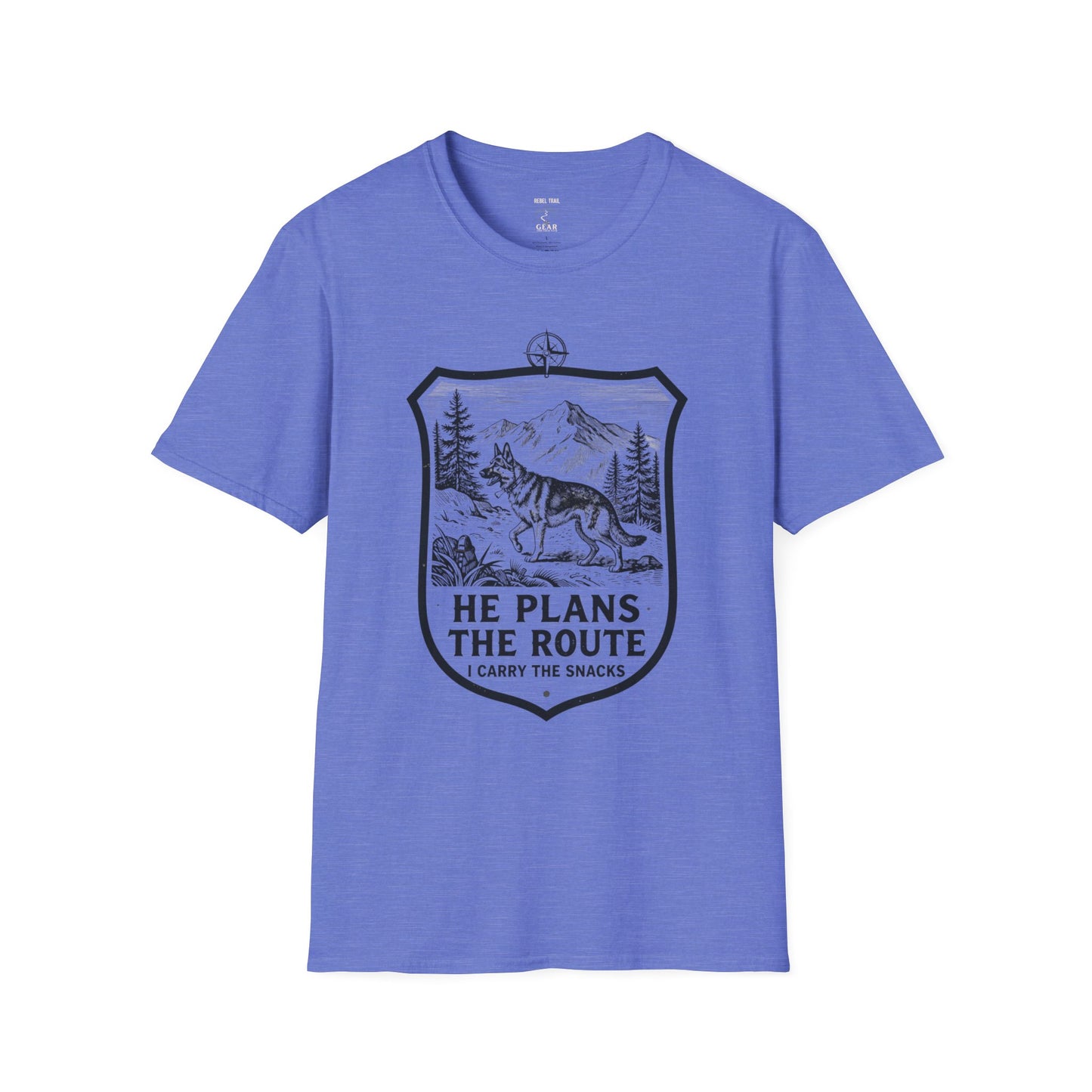 Dog Hiking T-Shirt — "He Plans the Route" Outdoor Adventure Tee