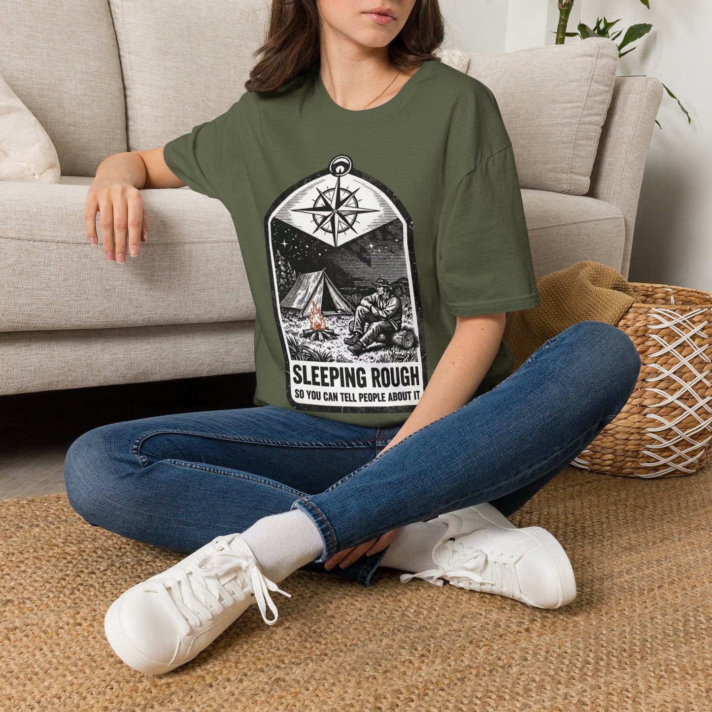 Camping T-Shirt — 'Sleeping Rough' Night Sky Tent Graphic