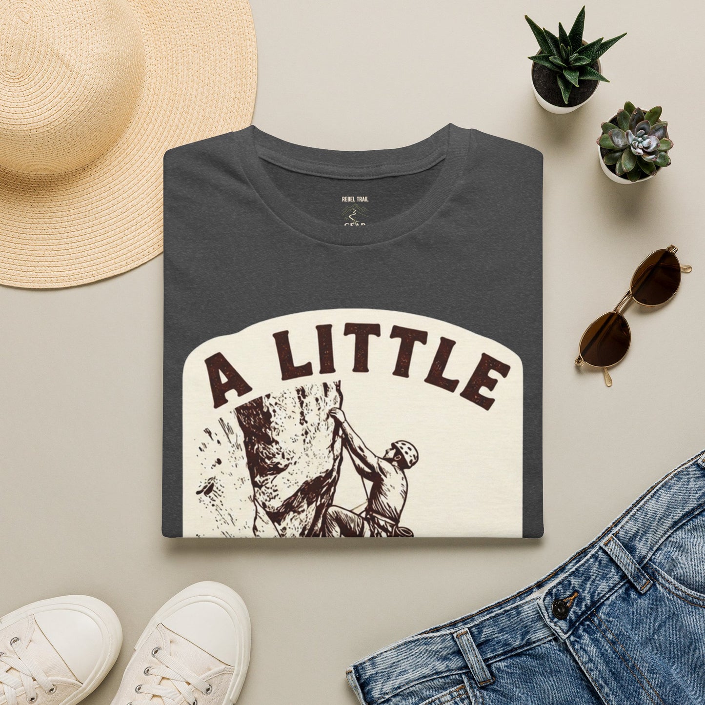 Climbing T-Shirt — "A Little Fear Never Hurt" Vintage Rock Climber Tee