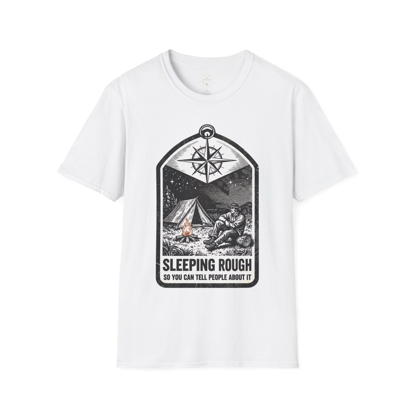 Camping T-Shirt — 'Sleeping Rough' Night Sky Tent Graphic