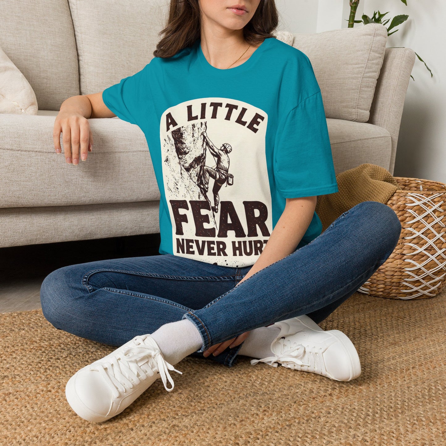 Climbing T-Shirt — "A Little Fear Never Hurt" Vintage Rock Climber Tee
