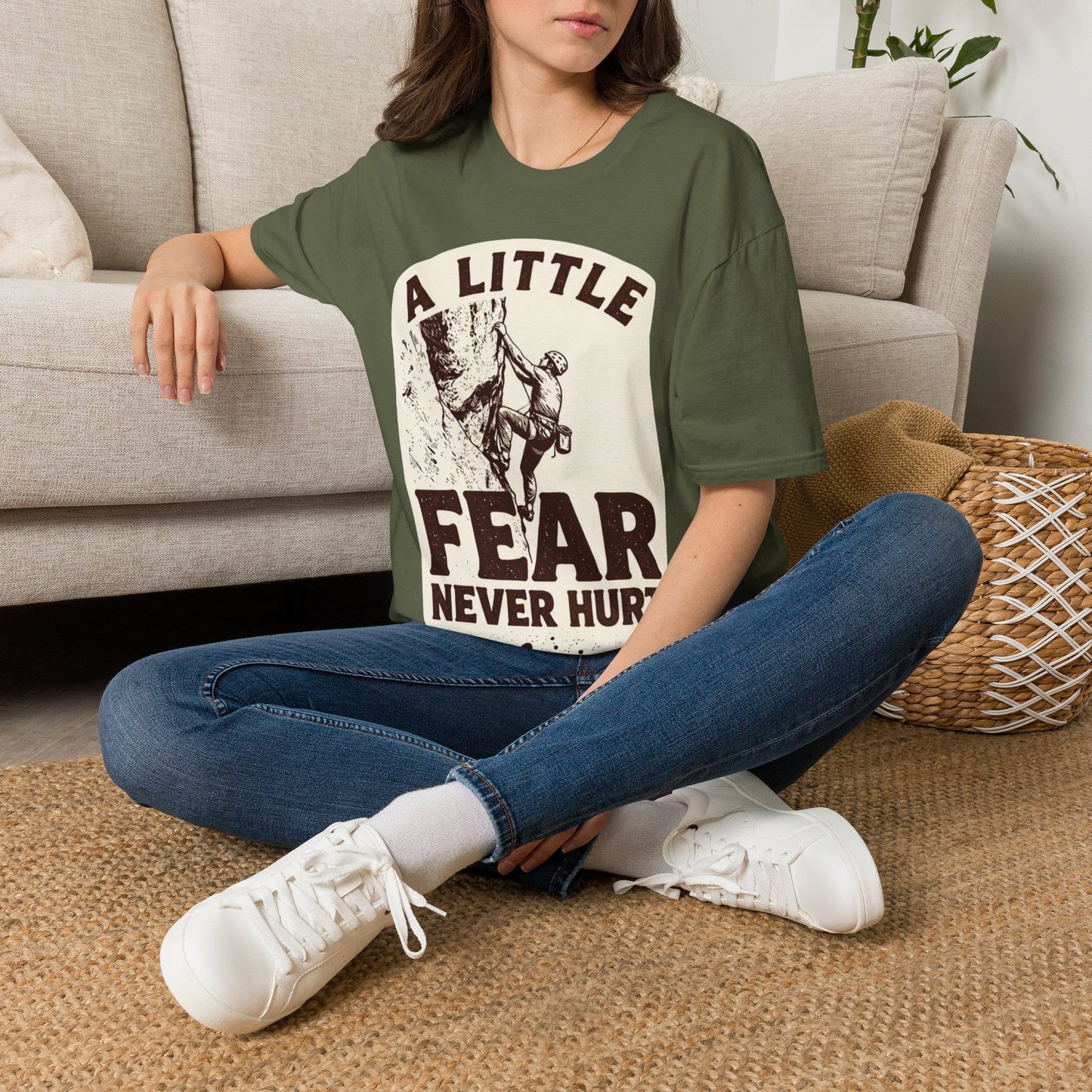 Climbing T-Shirt — "A Little Fear Never Hurt" Vintage Rock Climber Tee