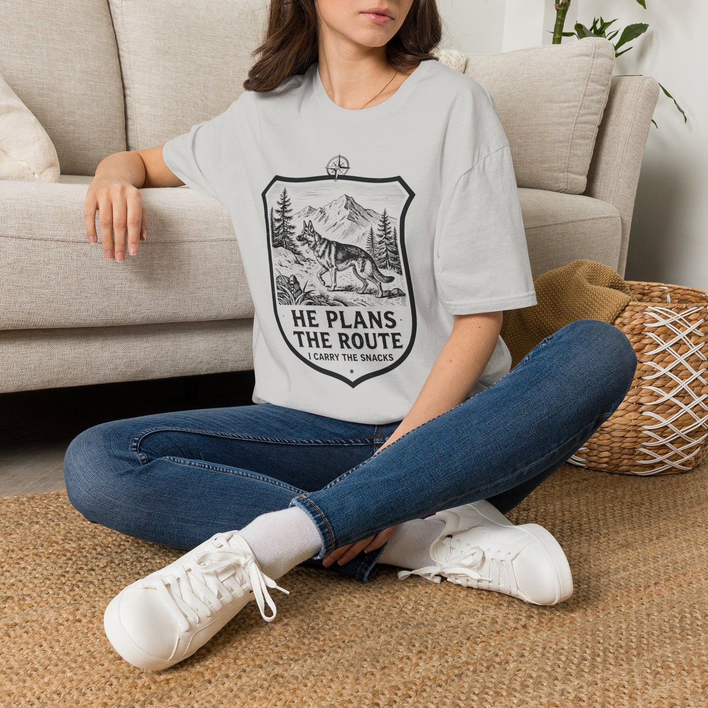 Dog Hiking T-Shirt — "He Plans the Route" Outdoor Adventure Tee