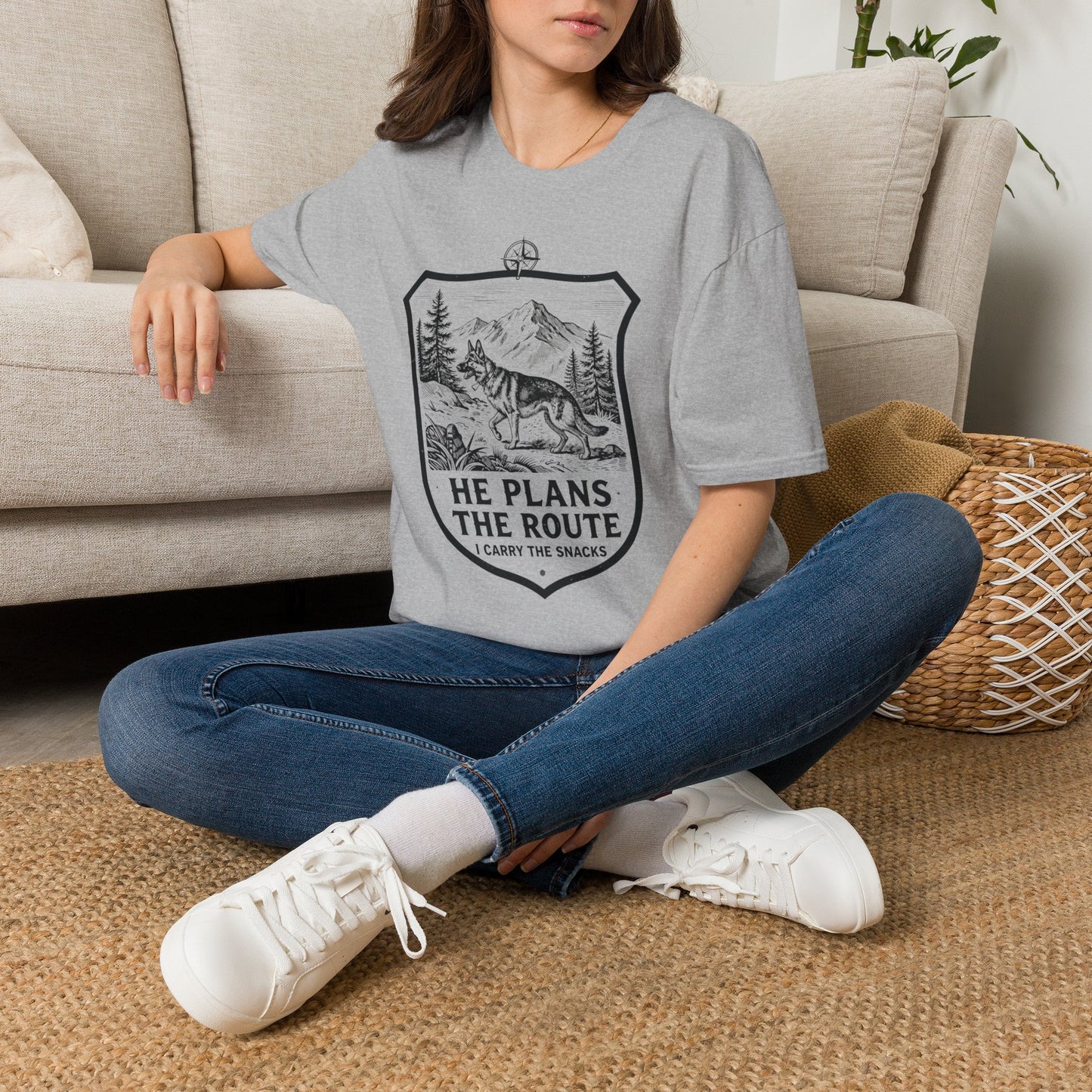 Dog Hiking T-Shirt — "He Plans the Route" Outdoor Adventure Tee