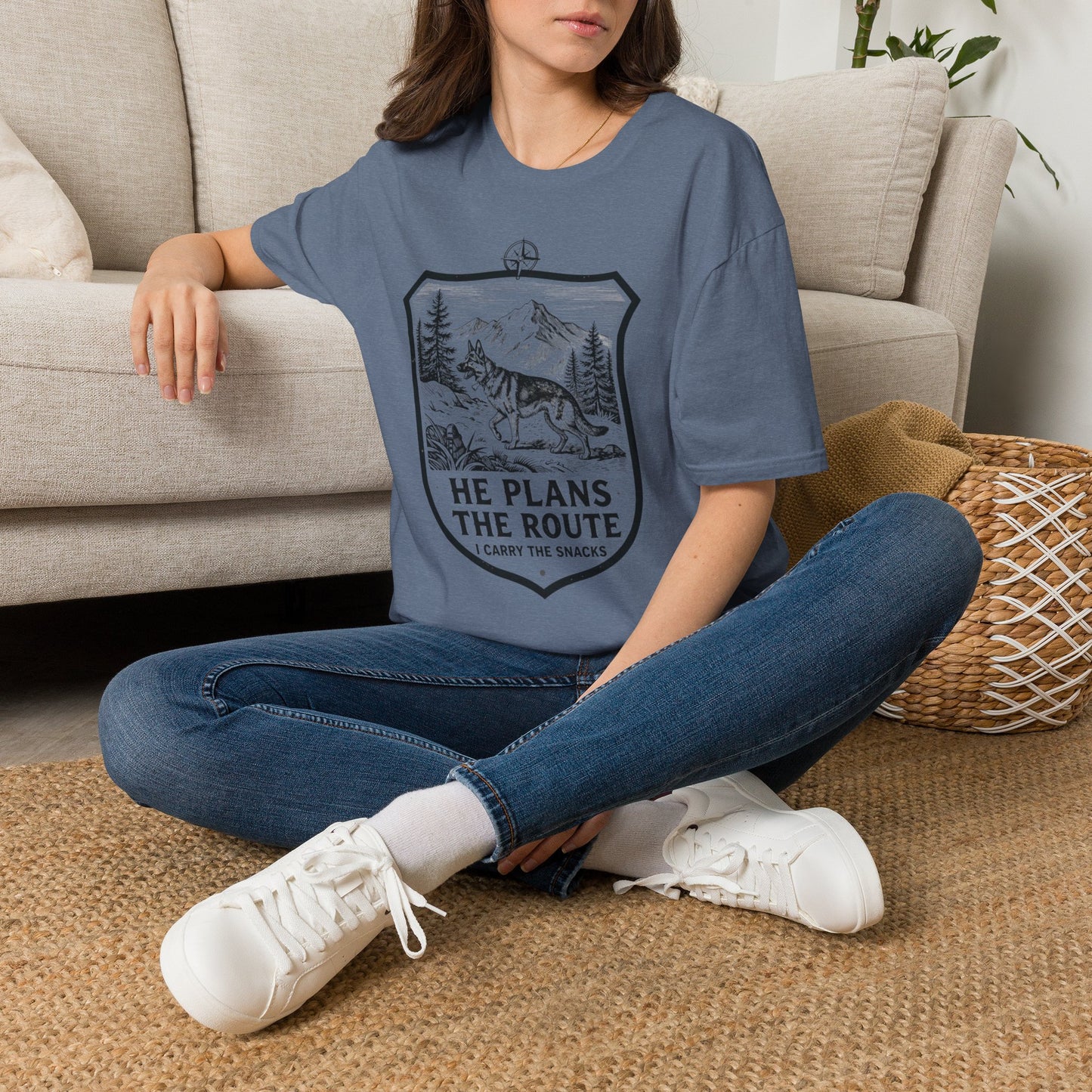 Dog Hiking T-Shirt — "He Plans the Route" Outdoor Adventure Tee