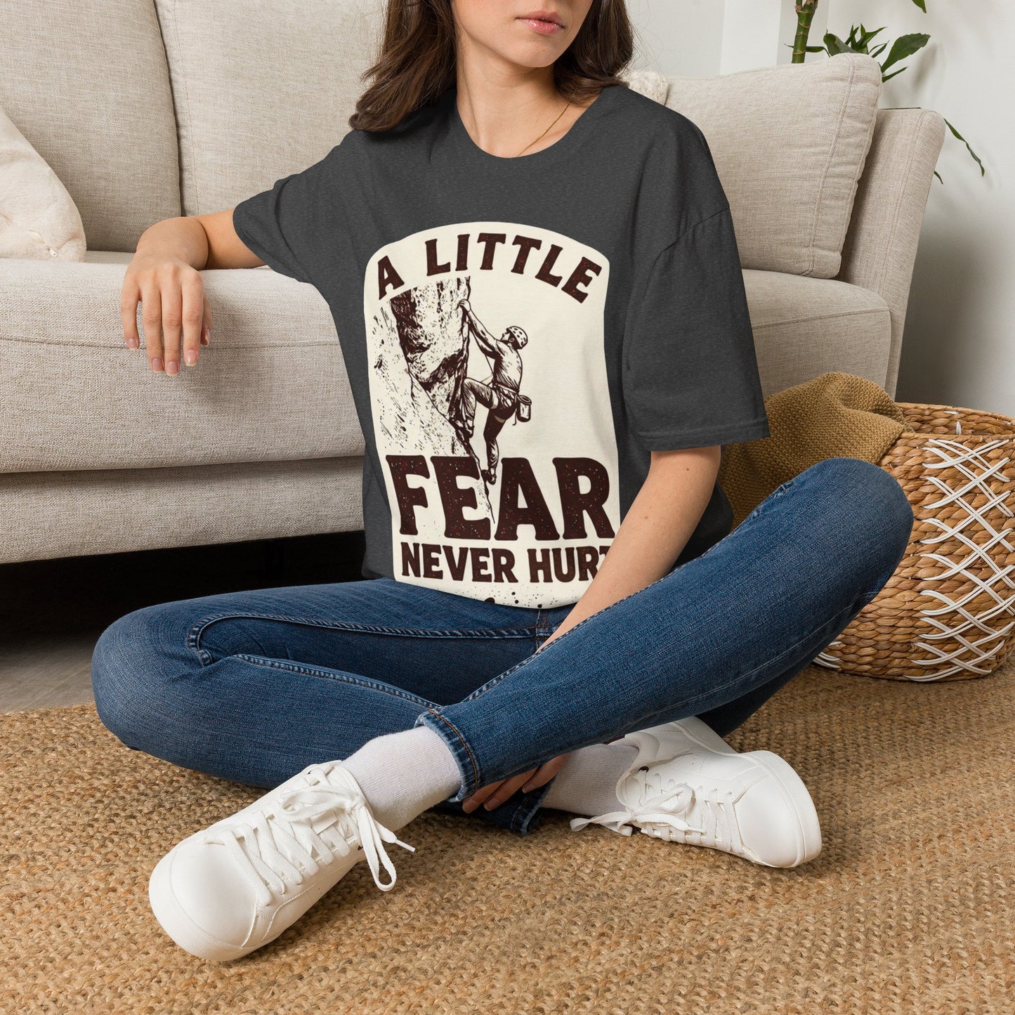 Climbing T-Shirt — "A Little Fear Never Hurt" Vintage Rock Climber Tee