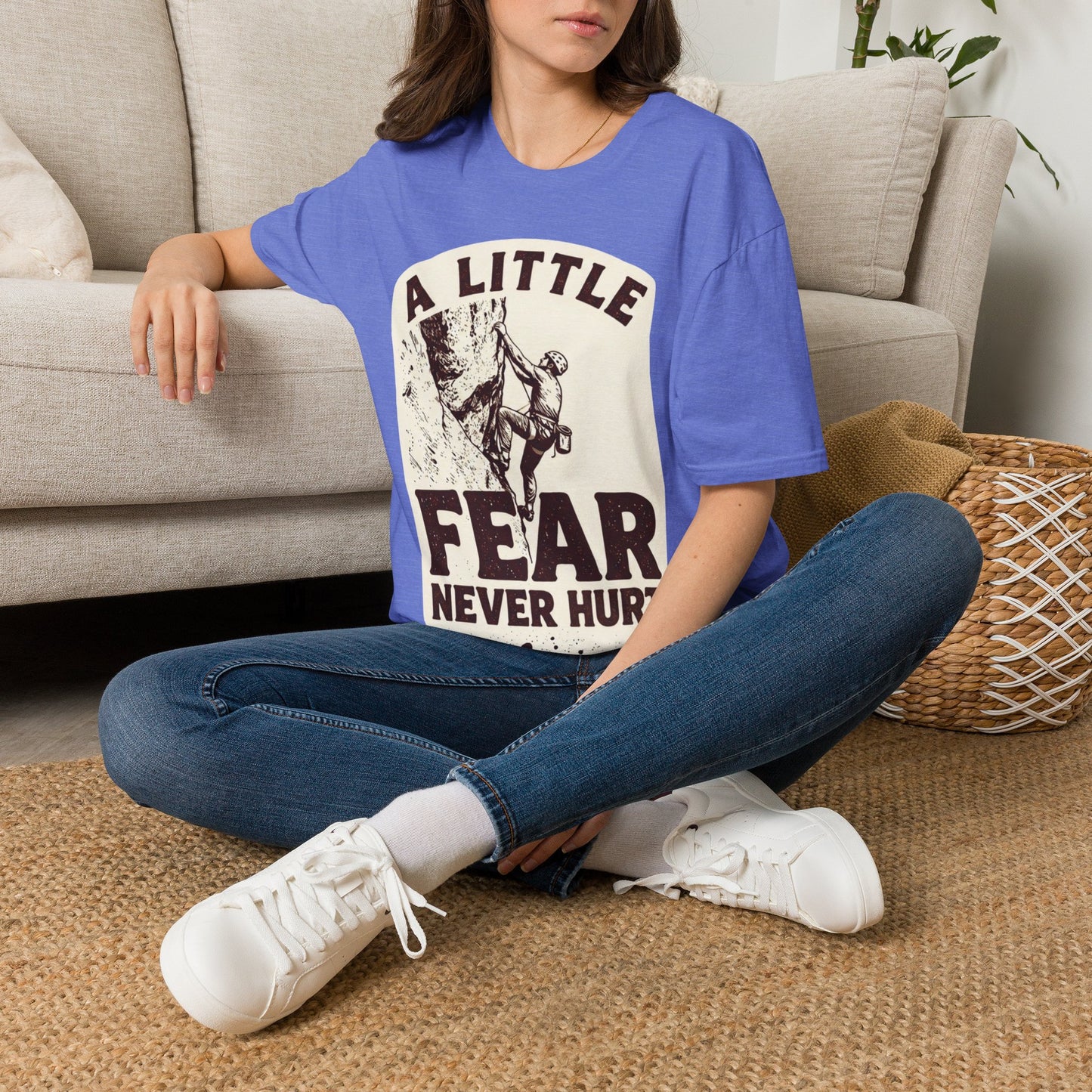 Climbing T-Shirt — "A Little Fear Never Hurt" Vintage Rock Climber Tee