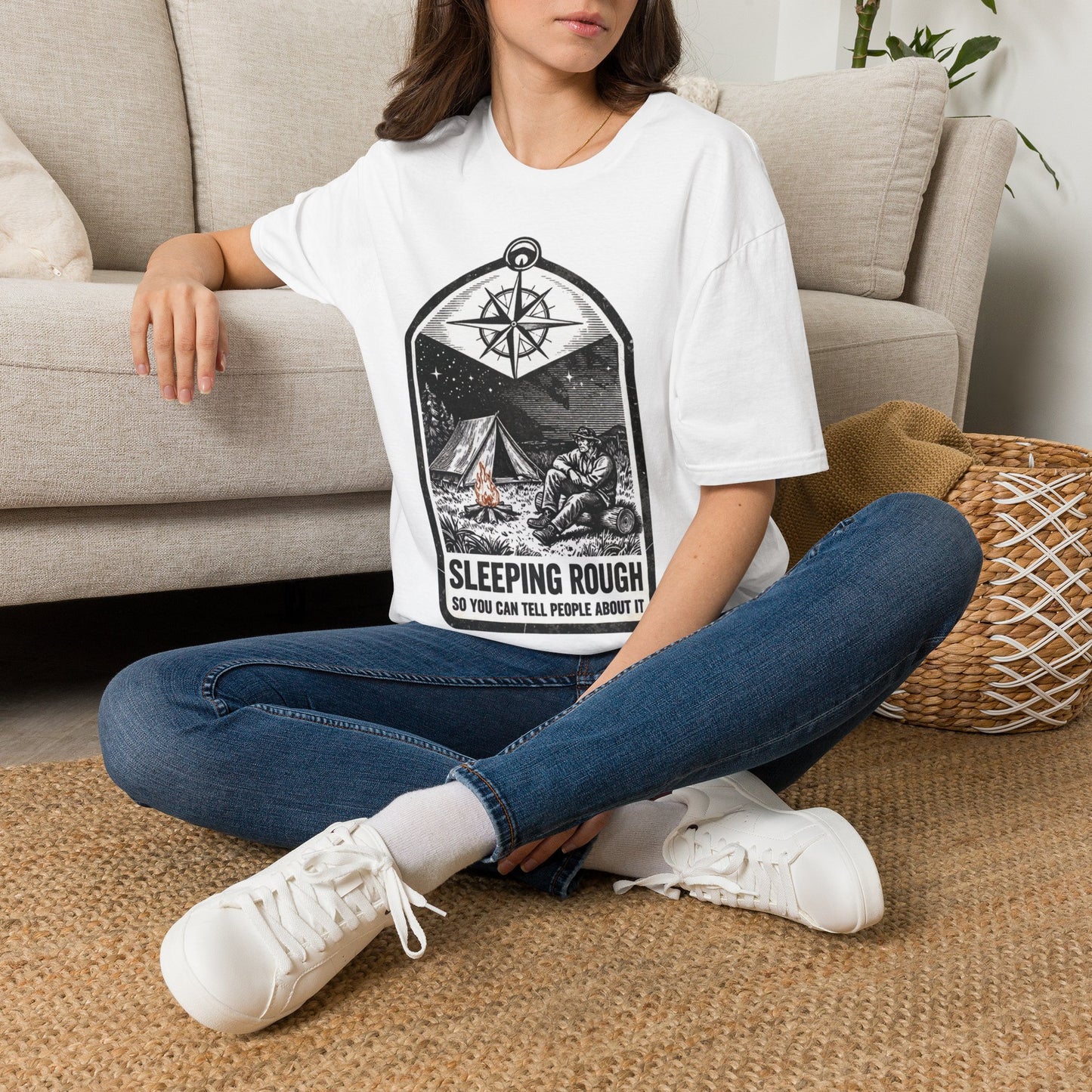 Camping T-Shirt — 'Sleeping Rough' Night Sky Tent Graphic