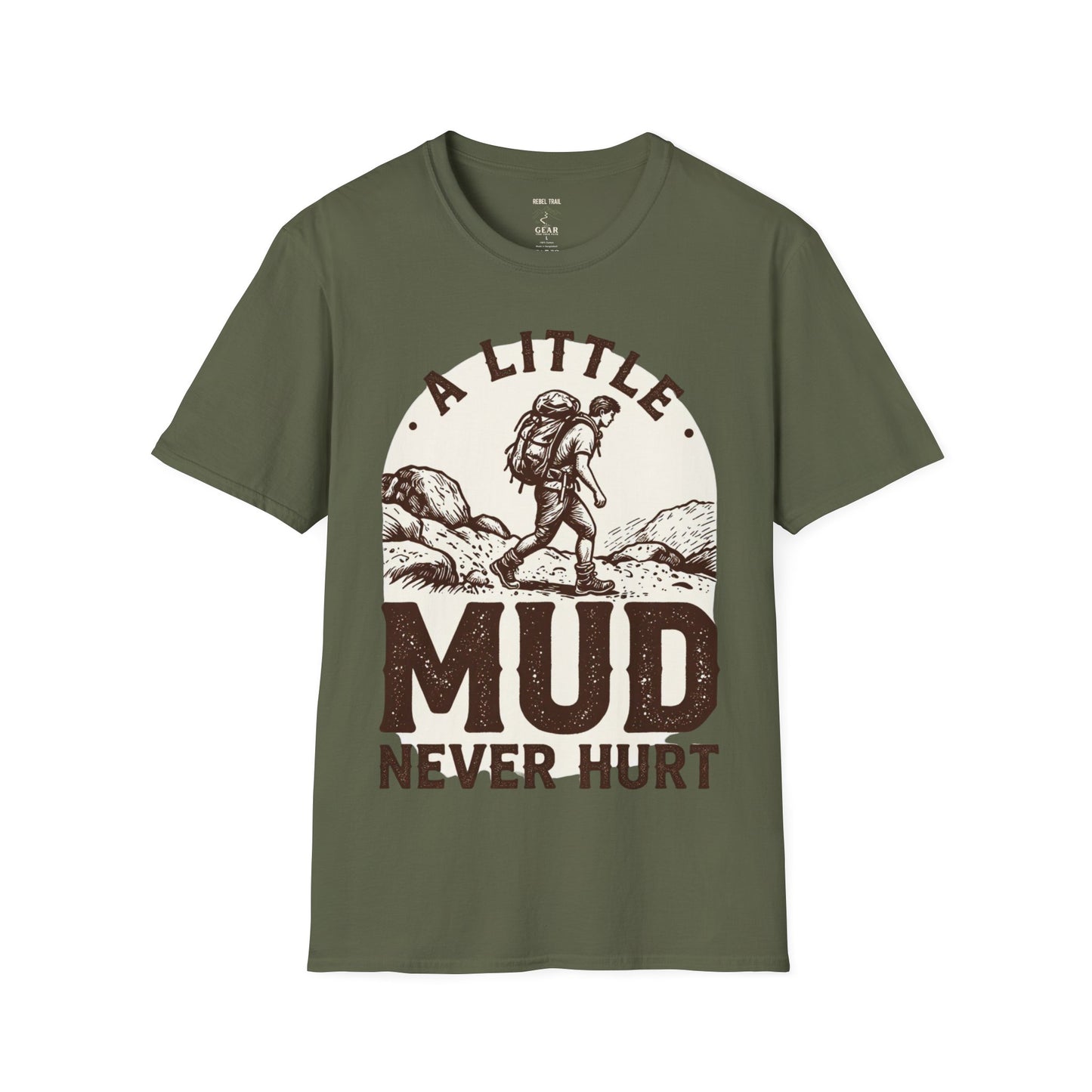 Hiking T-Shirt — "A Little Mud Never Hurt" Vintage Backpacker Tee