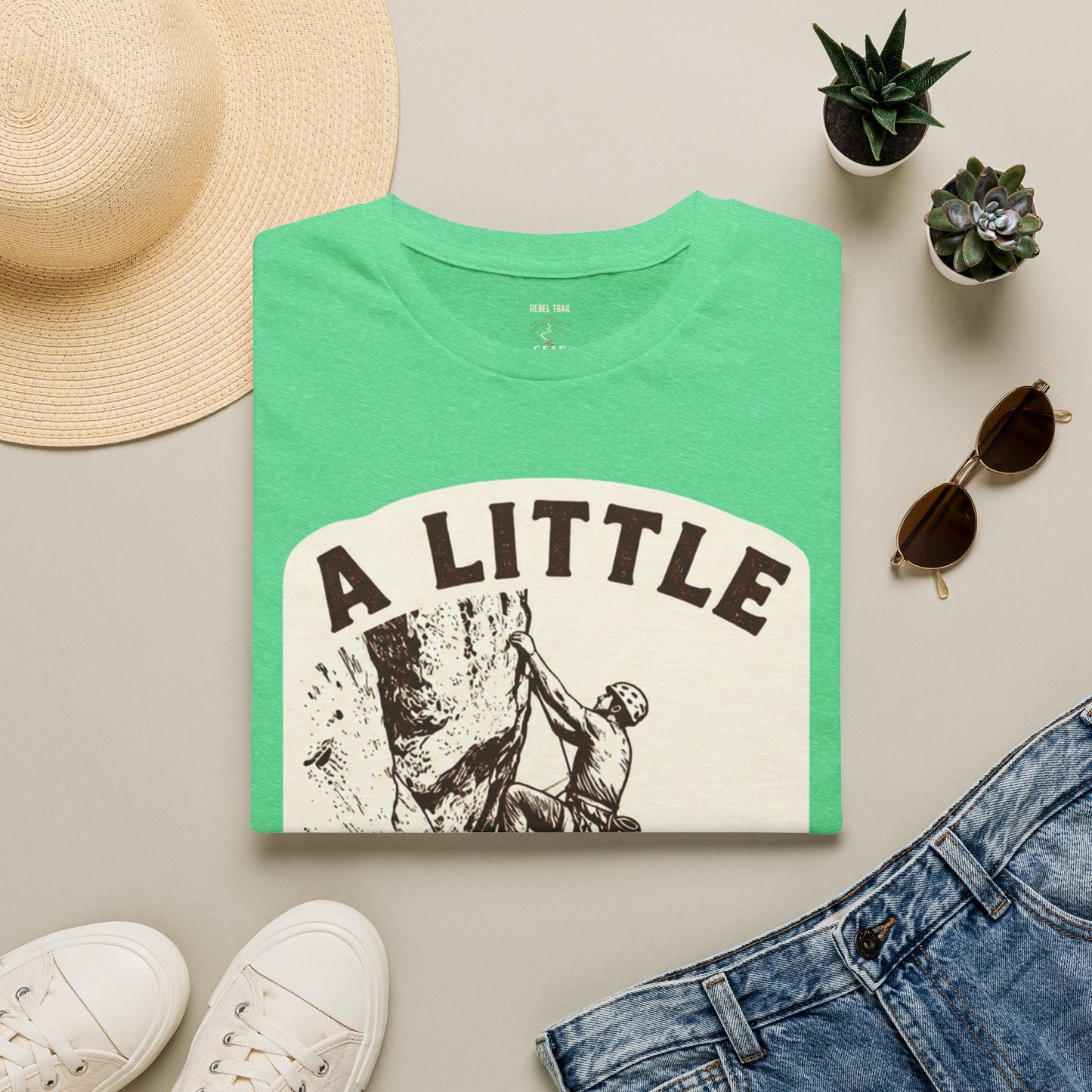 Climbing T-Shirt — "A Little Fear Never Hurt" Vintage Rock Climber Tee