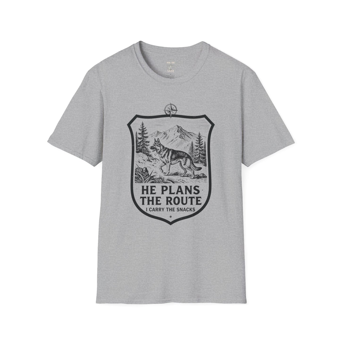 Dog Hiking T-Shirt — "He Plans the Route" Outdoor Adventure Tee