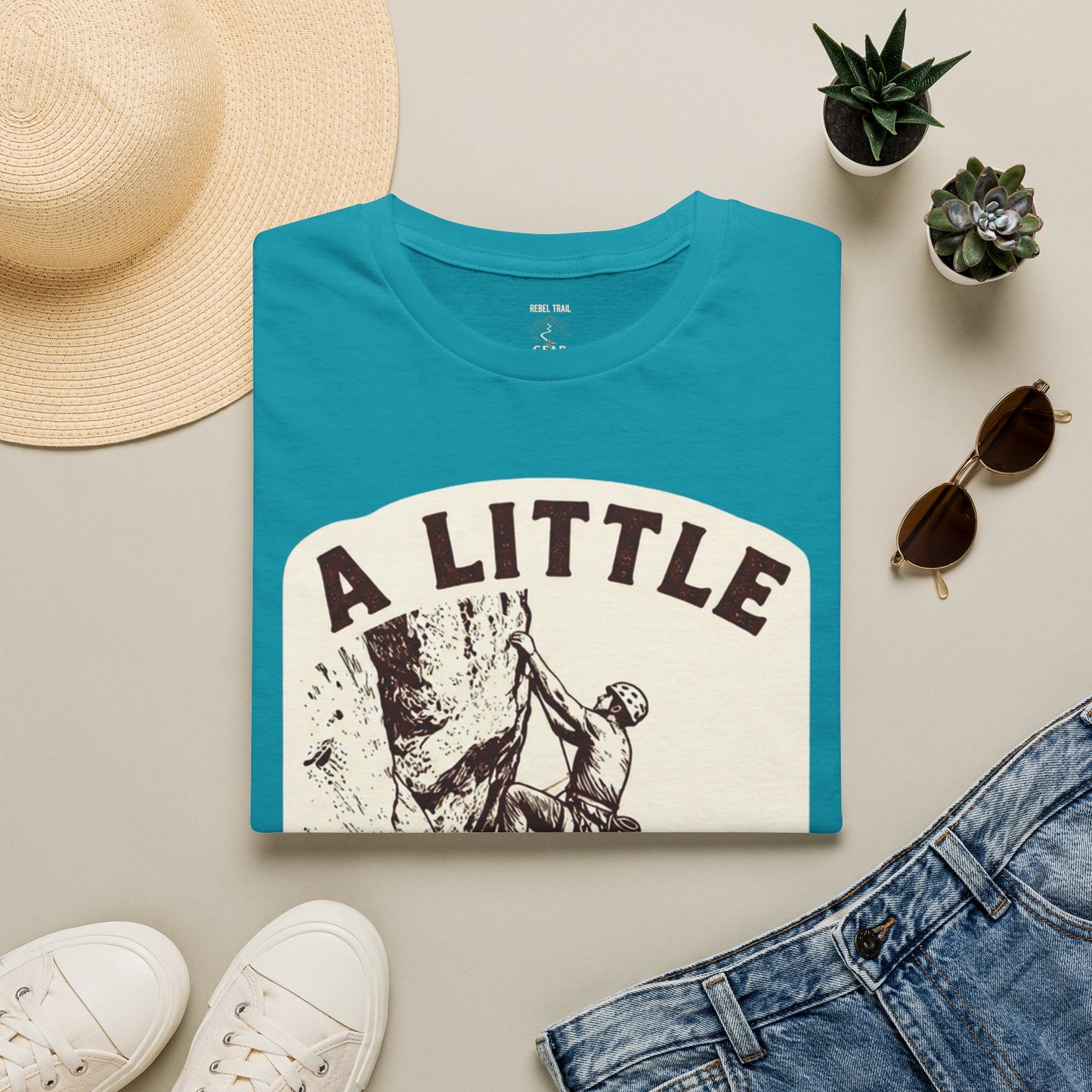 Climbing T-Shirt — "A Little Fear Never Hurt" Vintage Rock Climber Tee