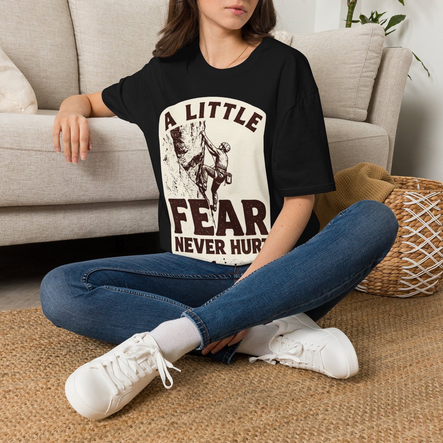 Climbing T-Shirt — "A Little Fear Never Hurt" Vintage Rock Climber Tee